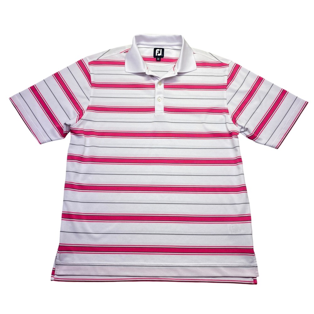 FootJoy Mens Golf Polo Shirt White Pink Striped Performance Stretch Large Preppy
